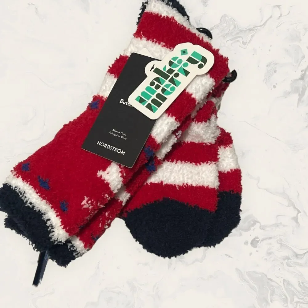 NWT Nordstrom Bundle of Three Crew Butter Socks - Size 7 1/2 - 12 1/2- Blu/ red